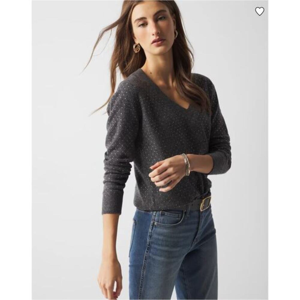New! White House Black‎ Market Embellished V-Neck Sweater grey, size XS